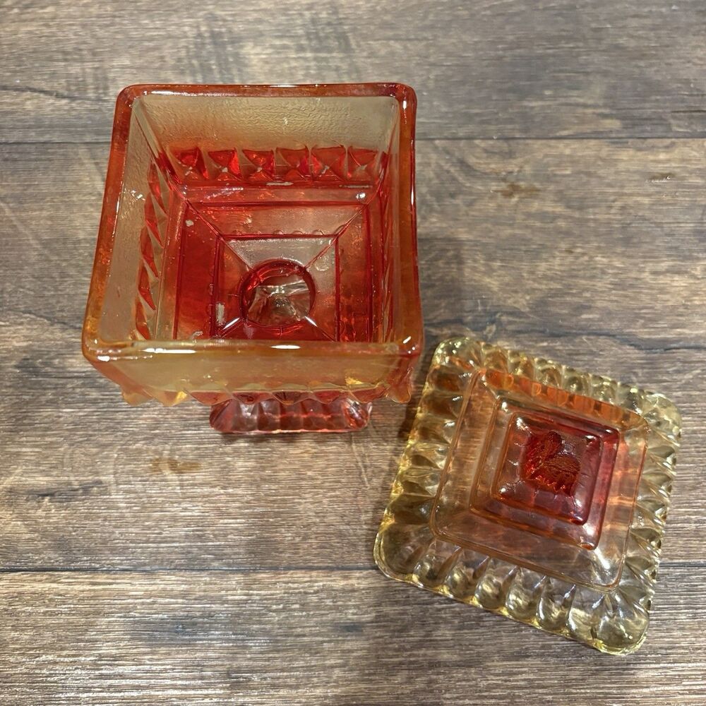 Vintage Amberina Glass Covered Pedestal Square Wedding Box Candy / Trinket Dish - Picture 4 of 8